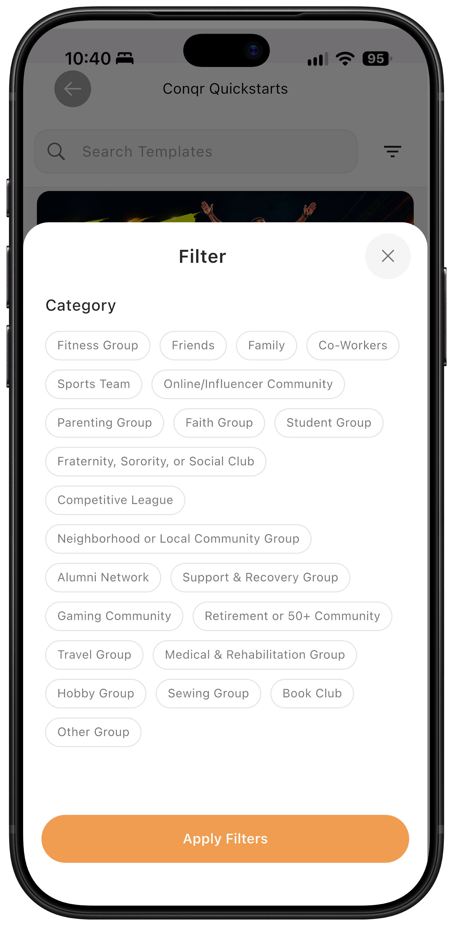Conqr QuickStarts mobile application screen